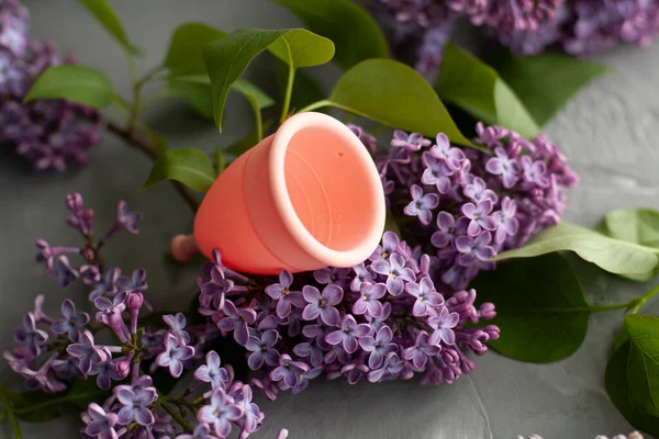 Menstruatiecup Voor Gezondheid Van Vrouwen Ligt Tussen Lila Bloemen Een — Stockfoto