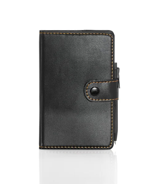 Black leather note book and pen on white — Stock Photo, Image