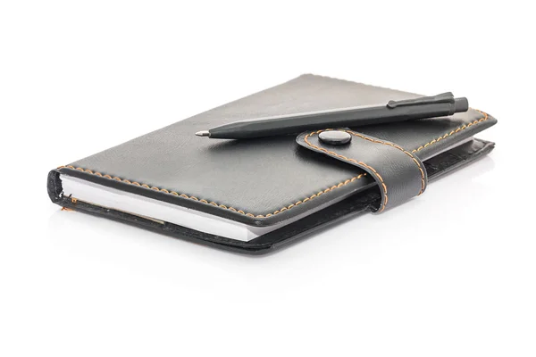 Black leather note book and pen on white — Stock Photo, Image