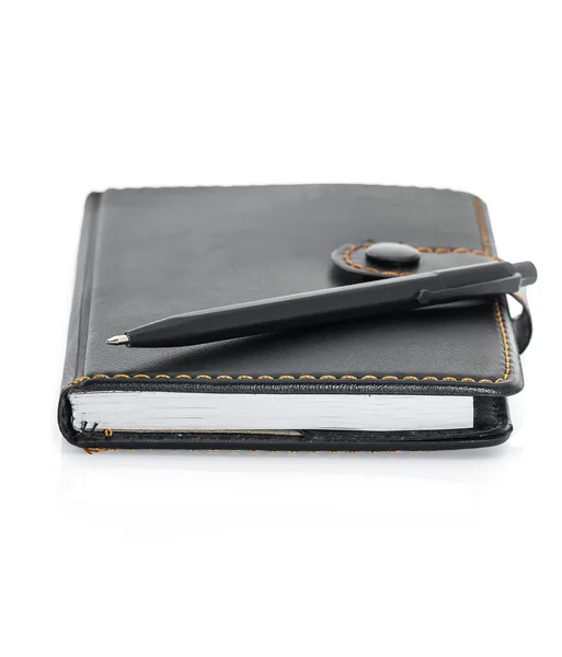 Black leather note book and pen on white — Stock Photo, Image