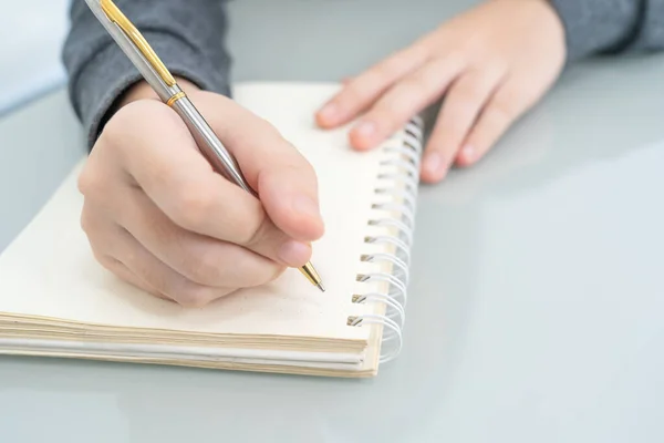 Επιχειρηματίας Που Γράφει Στο Σημειωματάριο Στο Γραφείο Χέρι Της Γυναίκας — Φωτογραφία Αρχείου
