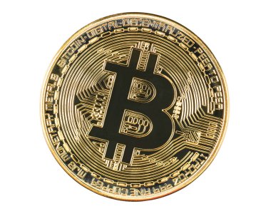 Kırpma yolu ile beyaz arkaplanda izole edilmiş altın bitcoin sikkeleri kapat