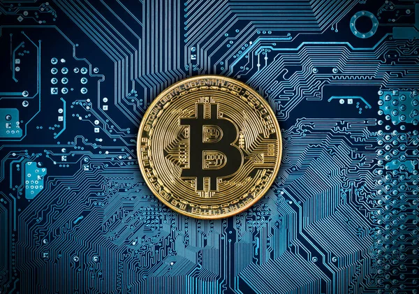 Blockchain Tecnologia Bitcoin Conceito Mineração Criptomoeda Moeda Bitcoin Placa Circuito — Fotografia de Stock