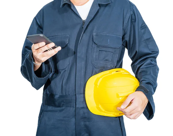 Cloes Worker Standing Blue Coverall Holding Yellow Hardhat Use Smartphone — Stock Photo, Image