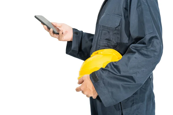 Cloes Arbeiter Blauem Overall Mit Gelbem Hut Und Smartphone Isoliert — Stockfoto