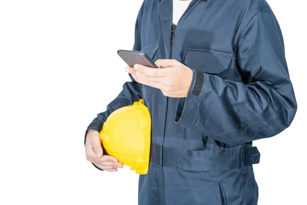 Cloes Worker Standing Blue Coverall Holding Yellow Hardhat Use Smartphone — Stock Photo, Image