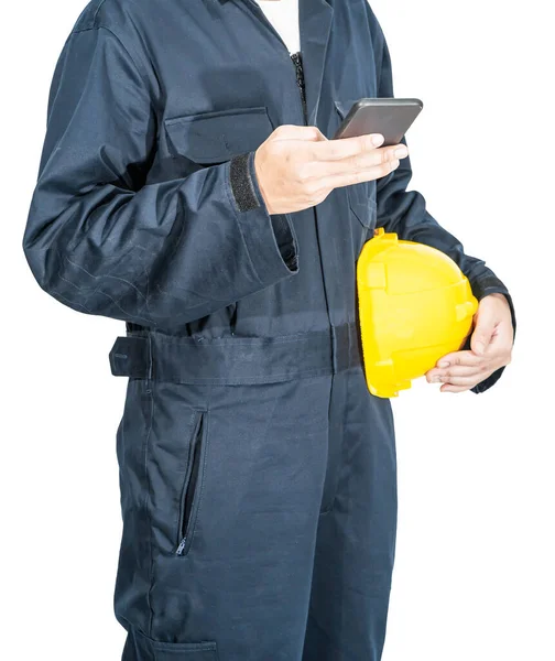 Cloes Worker Standing Blue Coverall Holding Yellow Hardhat Use Smartphone — Stock Photo, Image