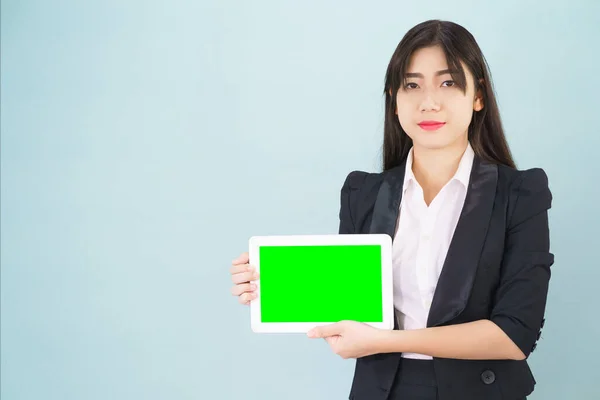 Young Asian Women Suit Holding Her Digital Tablet Mock Standing — Stockfoto