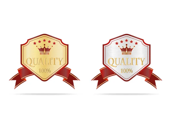 Luxury Gold Silver Quality Shields Label White Background — Vetor de Stock