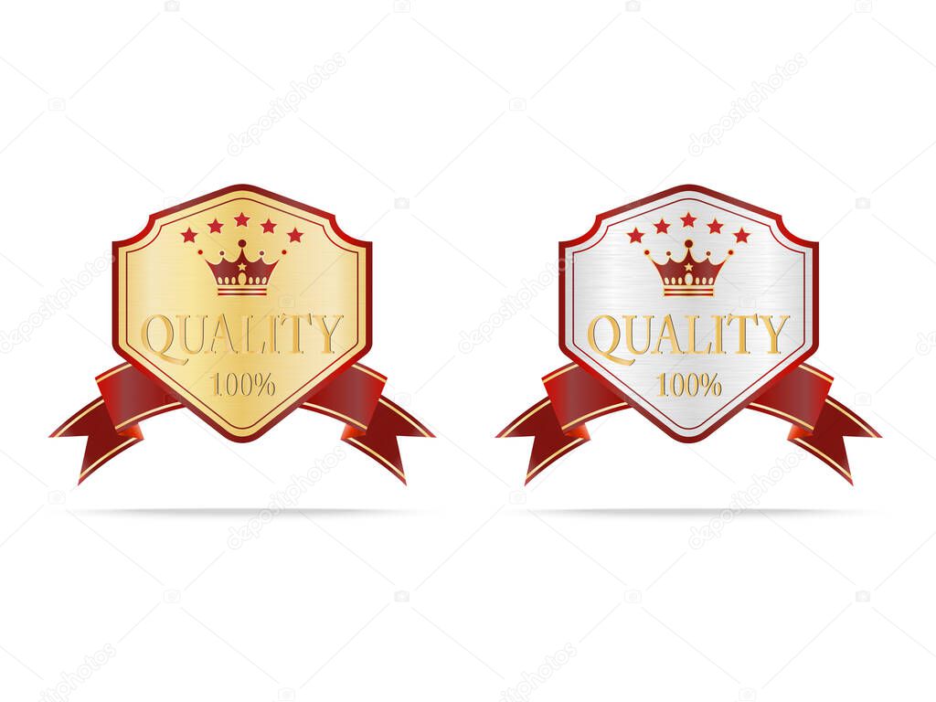 Luxury gold and silver quality shields label on white background