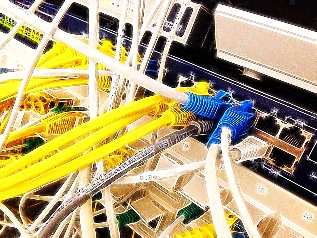 Tangled colored network cables in a data center