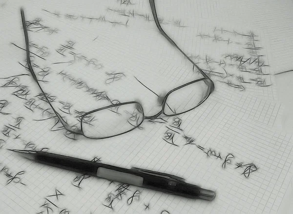 Glasses on paper sheets with equations — Stock Photo, Image