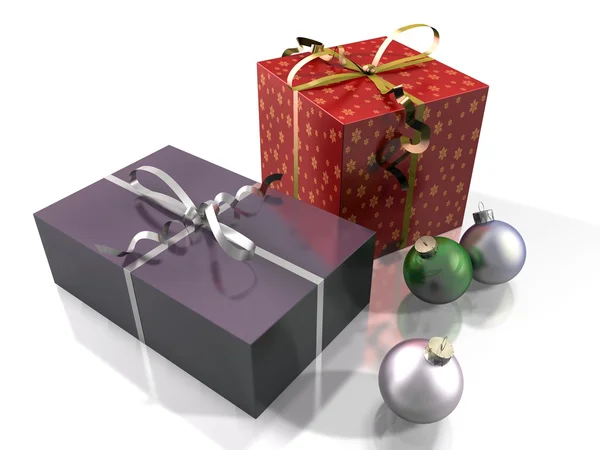 Geschenk packs en kerstballen — Stockfoto