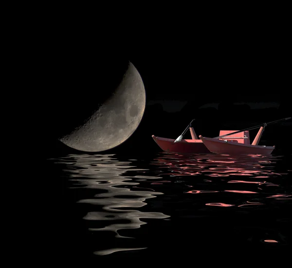 Bateau et la lune réfléchie sur les vagues — Photo
