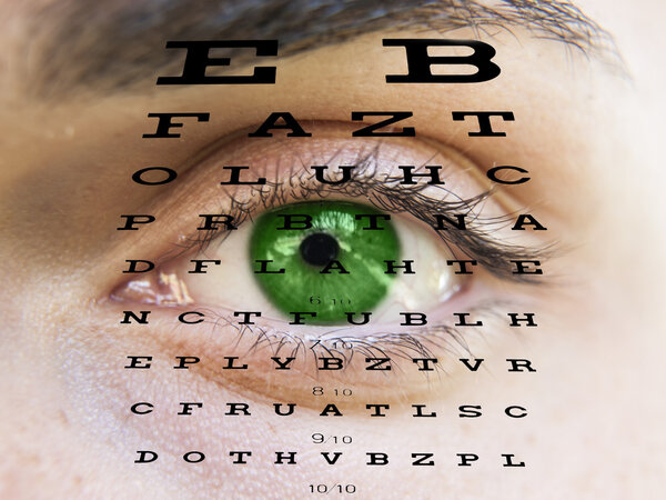 Eye test vision chart with man's face background