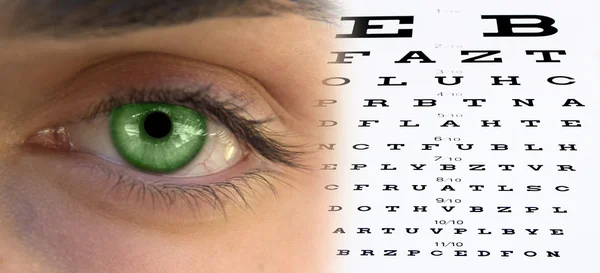 Tabla de visión de la prueba ocular con el fondo de la cara del hombre — Foto de Stock