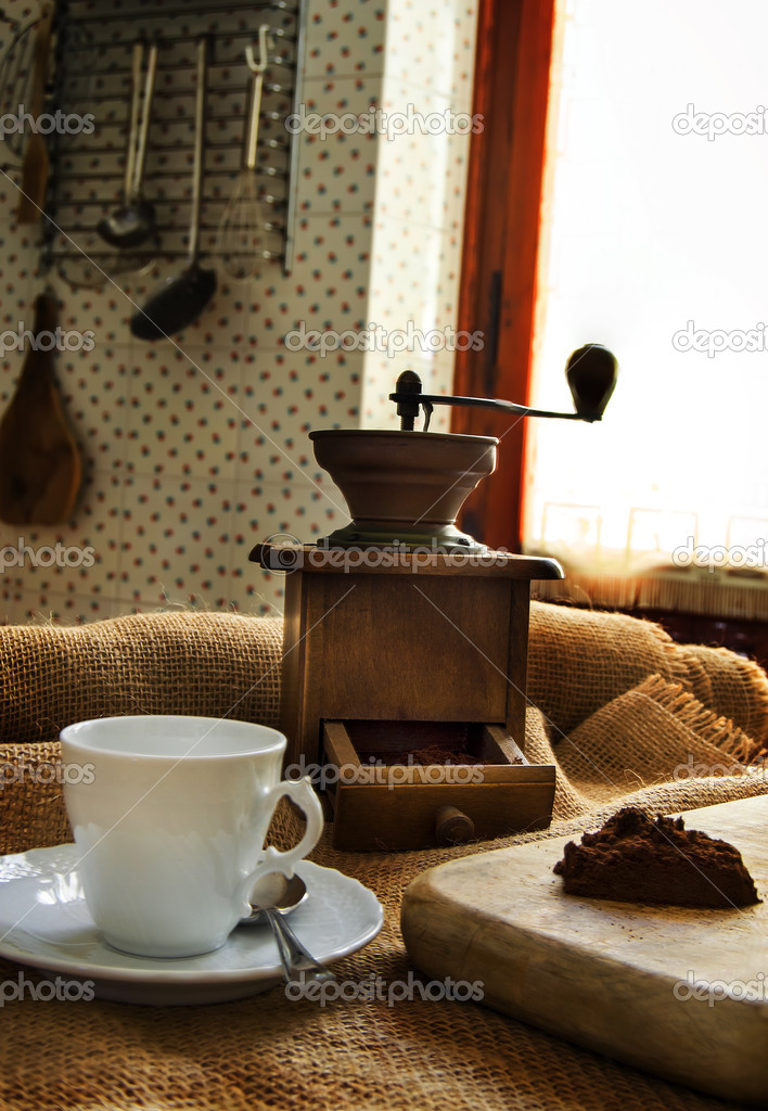 Coffee pot, cup and coffee grinder
