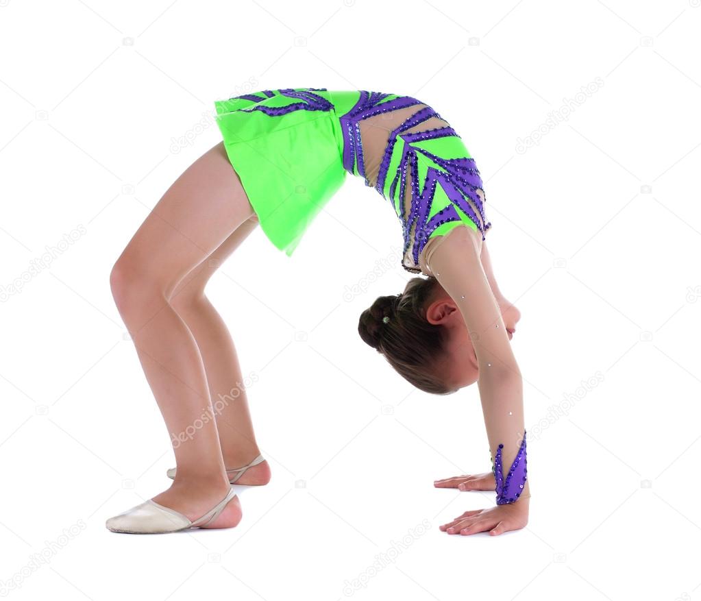Kid gymnast stand in bridge pose isolated