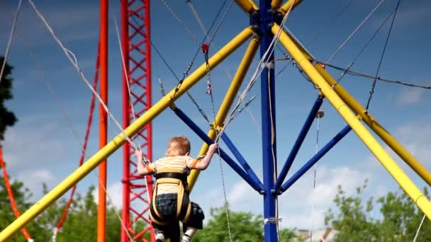 Child Jump on Rope Park amusement — стоковое видео