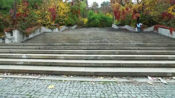 Pfanne auf der Treppe im herbstlichen Prager Park mit bewölktem Himmel — Stockvideo