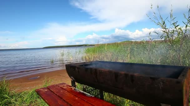 Ο καπνός από μπάρμπεκιου καλοκαίρι ημέρα κοντά σε νερό λιμνών — Αρχείο Βίντεο