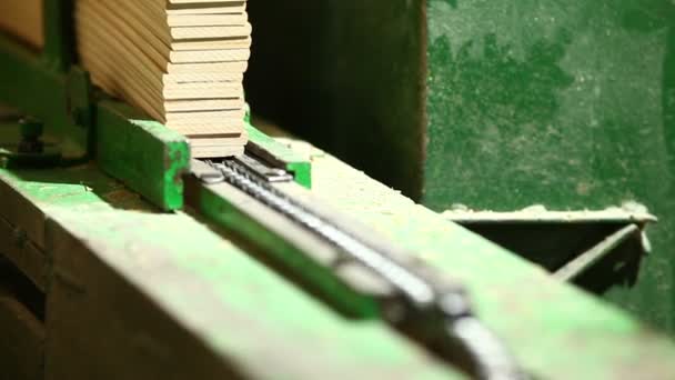 Працівник на спеціальній пилці зі спеціальним різанням готує дерев'яні деталі — стокове відео