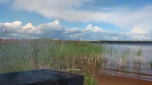 Дым с барбекю на берегу озера — стоковое видео