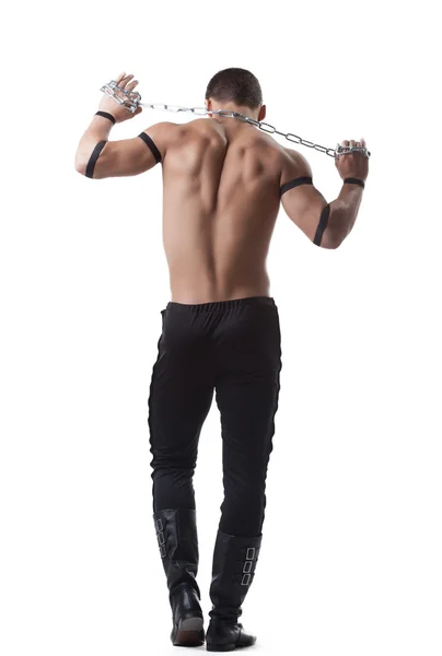 Athletic man dance striptease with chain isolated — Stock Photo, Image