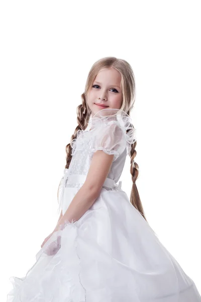 Kleine blonde schoonheid kind portret in witte jurk — Stockfoto