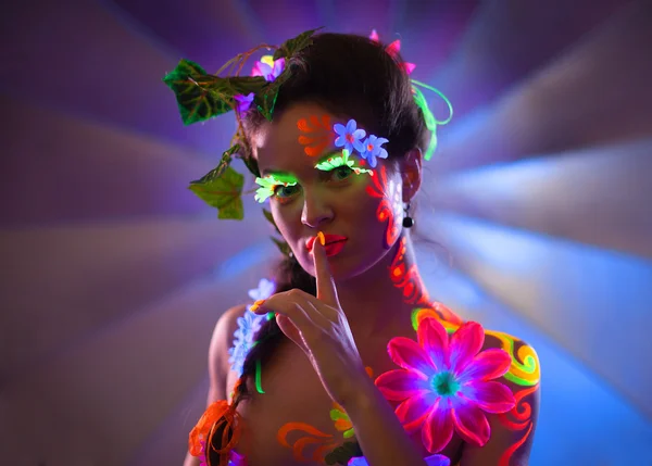 Portrait of glowing woman with uv make-up — Stock Photo, Image