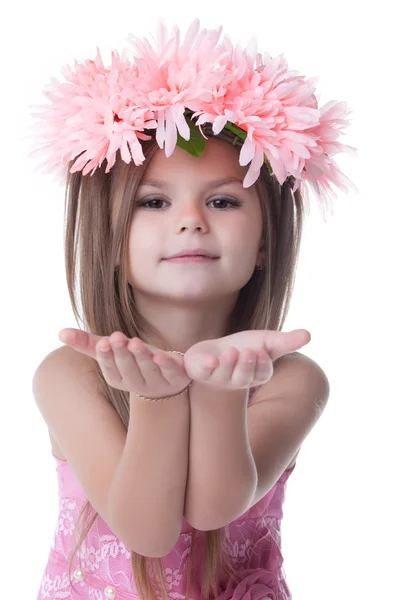 Beautiful little girl in wreath of pink flowers — Stock Photo, Image