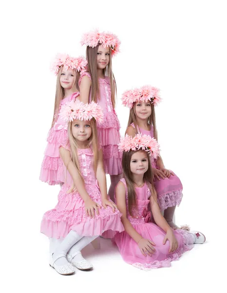 Jolies petites filles en robes roses et couronnes — Photo