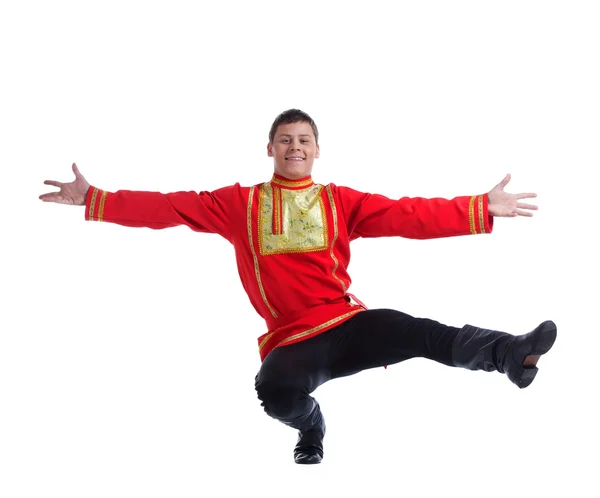 Homem feliz em traje russo realizando dança — Fotografia de Stock