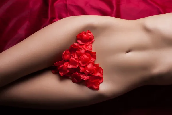 Fragment des Frauenkörpers mit Rosenblättern — Stockfoto