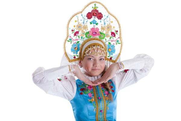 Pretty young girl in kokoshnik isolated — Stock Photo, Image