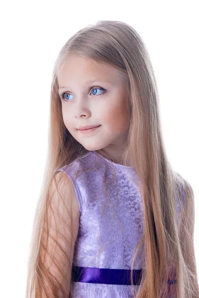 Pretty blonde girl in purple dress isolated — Stock Photo, Image