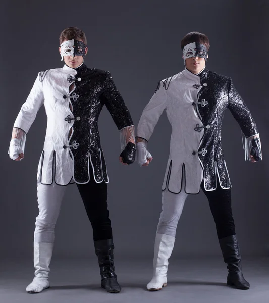 Two young guys in theater costumes — Stock Photo, Image