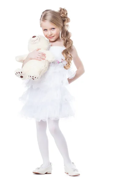 Preciosa chica sonriente con oso de peluche blanco —  Fotos de Stock