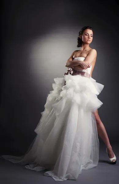 Graceful brunette posing covered by wedding dress — Stock Photo, Image