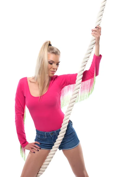 Portrait of pretty young fitness girl with rope — Stock Photo, Image