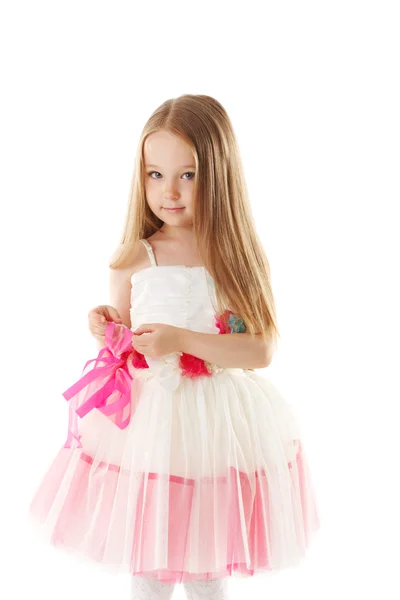 Smiling pretty little girl with long brown hair — Stock Photo, Image