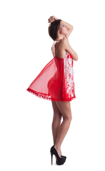Sensual mosel delgado posando en rojo negligee —  Fotos de Stock