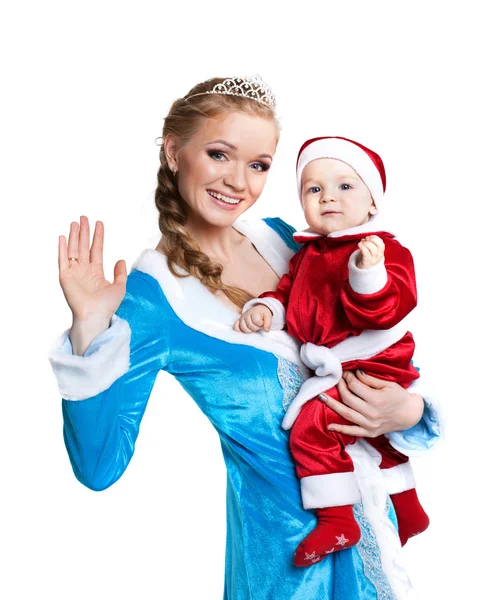 Portret van gelukkig moeder-sneeuw meisje en baby-santa — Stockfoto