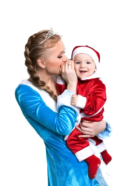 Cheerful mother and baby posing in fancy costumes — Stock Photo, Image