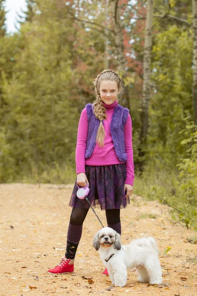 Charmantes kleines Mädchen, das mit Welpen im Park spaziert — Stockfoto