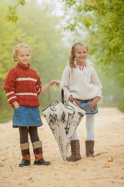 Image of cute young girlfriends walking in park — Stock Photo, Image