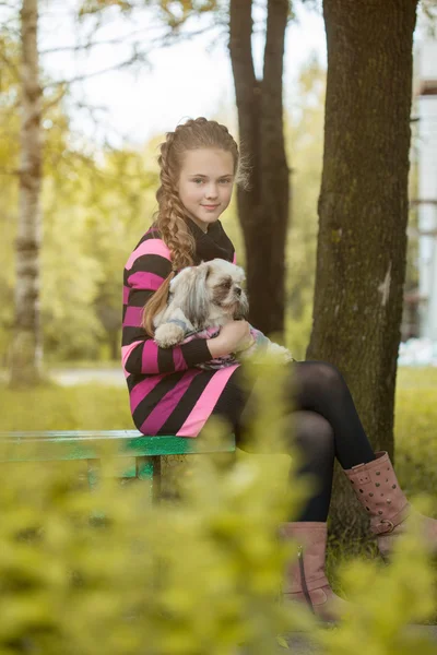 Beautiful little girl holding cute puppy — Stock Photo, Image