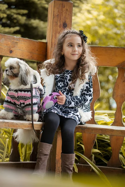 Cute brown-haired girl posing with puppy in gazebo — Stock Photo, Image