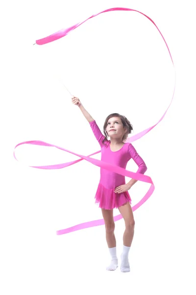 Adorable little gymnast dancing with ribbon — Stock Photo, Image