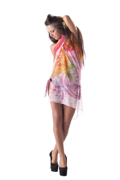 Pretty young model posing in colorful sarong — Stock Photo, Image